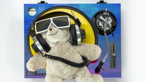 a cool DJ teddy bear with sunglasses on top of turntable with video static