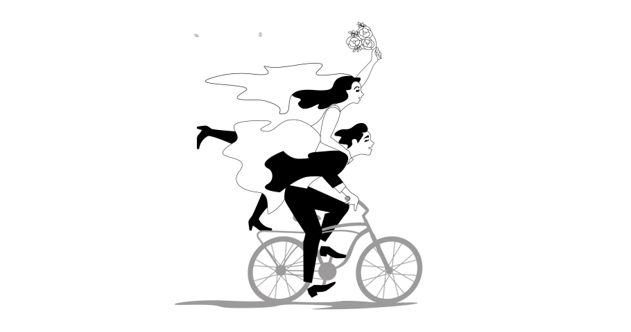Wedding, Marriage funny card, banner. 2D micro animation, cartoon, illustration, clip art, drawing, hand drown, sketch just married happy couple bride and groom riding bike with bouquet alpha channel.