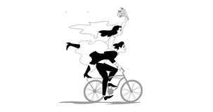 bride and groom, married happy couple,  riding bicycle with flower bouquet. Animation, cartoon, illustration.