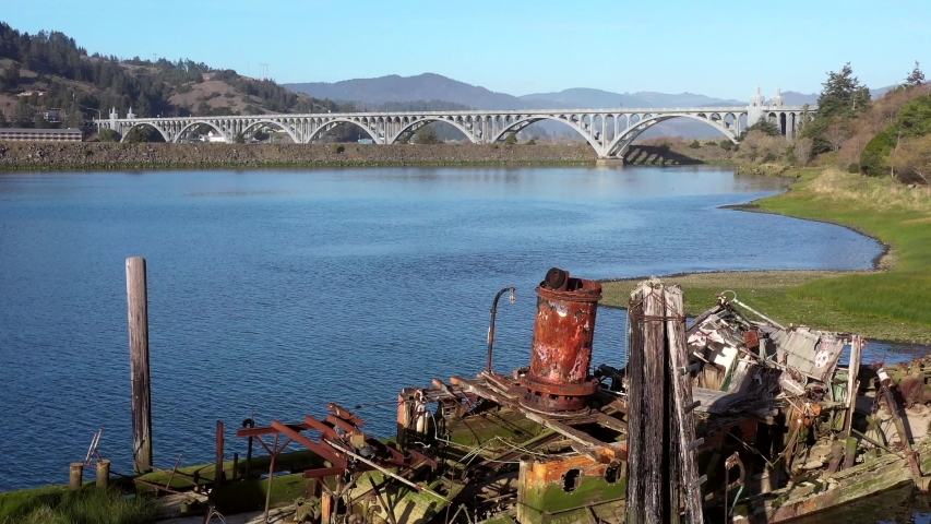 A steamer build in 1881 in Gold Beach now resting in peace in the Rouge River where it sank in 1985 now an important piece of culture and history and a valuable landmark in Gold Beach, Oregon 
