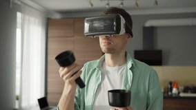 Medium waist up shot of young man enjoying exploring virtual reality using vr headset and handheld controllers at home