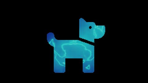 The symbol dog is assembled from small balls. Then it shimmers with blue. It crumbles and disappears. In - Out loop. Alpha channel Premultiplied 