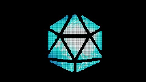 The symbol dice d20 is assembled from small balls. Then it shimmers with blue. It crumbles and disappears. In - Out loop. Alpha channel Premultiplied - Matted with color black