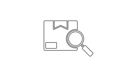 Black line Search package icon isolated on white background. Parcel tracking. Magnifying glass and cardboard box. Logistic and delivery. 4K Video motion graphic animation
