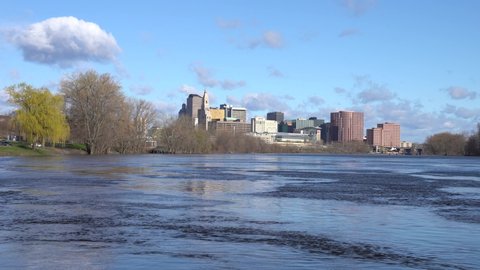 Hartford, CT, USA - April 11, 2020 - View of Hartford Connecticut on a bright sunny day with light flooding.