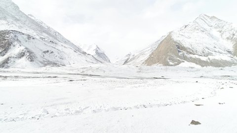 Aerial shot of snow covered Zanskar valley in Ladakh region of India. 