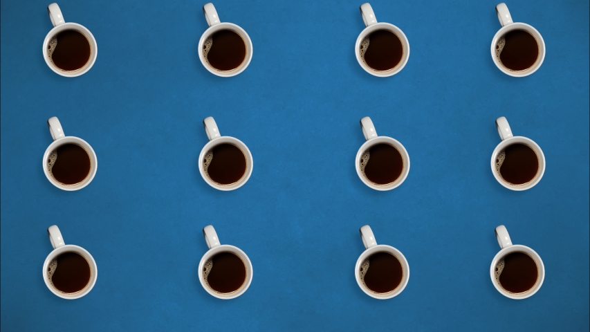 Top view. Stop motion. Coffee mugs rotating and fill with coffee. On blue background. Loop video. Concept of time coffee, energy, advertisement, power, systems. Cup of coffee 4k stock footages  Royalty-Free Stock Footage #1050351700