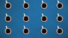 Top view. Stop motion. Coffee mugs rotating and fill with coffee. On blue background. Loop video. Concept of time coffee, energy, advertisement, power, systems. Cup of coffee 4k stock footages 