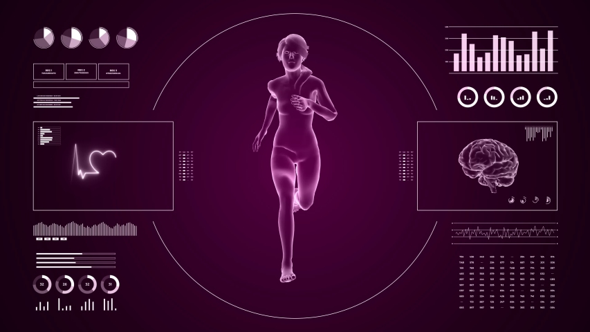 HUD display monitoring cardio running activity of girl. Human female figure 3d in fitness motion. Infographics data and reports on digital sport interface.