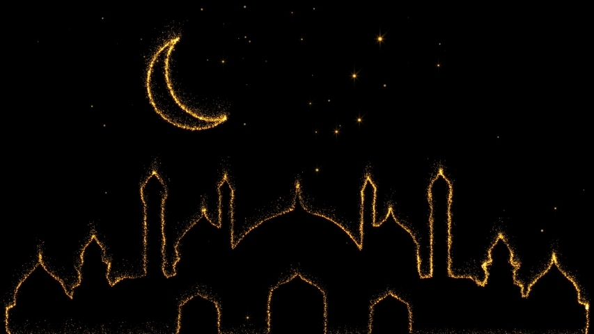 Sparkling golden glitter magically  creating moon and mosque. Royal abstract Ramadan background with falling stars, moon and mosque. | Shutterstock HD Video #1050356086