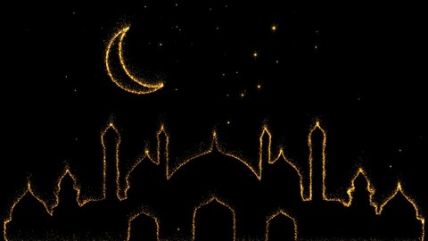 Sparkling golden glitter magically  creating moon and mosque. Royal abstract Ramadan background with falling stars, moon and mosque.