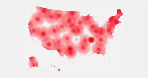 Map of United States of America. Red spots shows the COVID-19 (coronavirus) has spread across the U.S. and after the virus has disappeared. 4K animation.