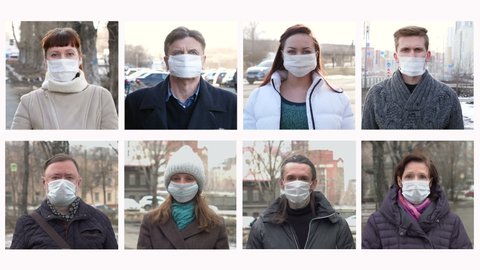 People in medical masks on the street. Collage of eight people of different sex and age. They take off their medical masks in turn.