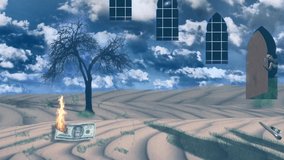 Symbolic composition with tree, ancient windows and burning money. The door to another worlds - Powered by Shutterstock - Get 15% off with code: PIKWIZARD15