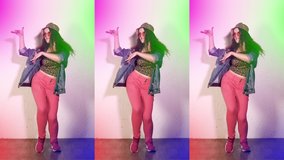 Funny girl dancing. Funny pose. The party is in full swing. Happy carnival. The teenager moves funny. Vertical video for smartphone and phone. Infinity animation. 