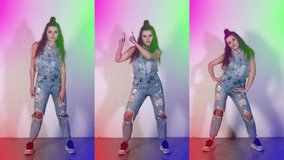 Funny girl dancing. Funny pose. The party is in full swing. Happy carnival. The teenager moves funny. Vertical video for smartphone and phone. 