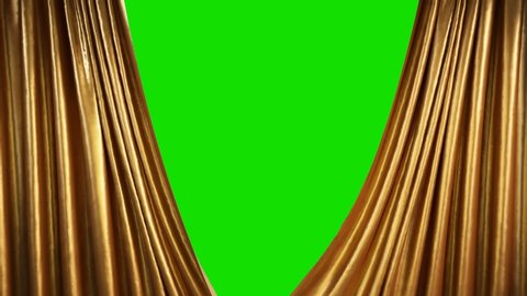 Golden theater curtains in motion. Opening curtains with green chroma key. Luma matte included.