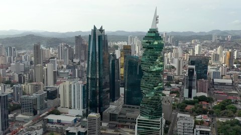 Panama City, Panama - February 21st 2020: Aerial view of Panama city panorama in Panama. Modern city with high business skyscrapers. Drone 4K moving forward.