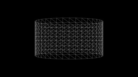 Big rotating white wireframe tube on black background seamless loop animation with alpha channel. Full 360 degrees rotation polygon wall. Lowpoly moving texture
