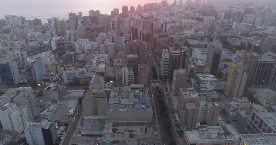 Aerial images in Lima Peru in the sunset afternoon during COVID19 quarantine lockdown. Empty streets and avenues, due to pandem.