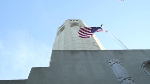 American flag flying from Coit tower, San Francisco