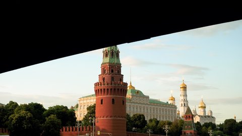 Exterior of The Moscow Kremlin includes Kremlin towers and The Grand Kremlin Palace. 4K