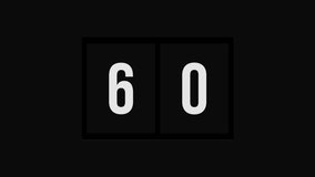 Flip Clock Style countdown one minute animation from 60 to 0 seconds. Modern flat design with animation on black background. High quality 4K video.