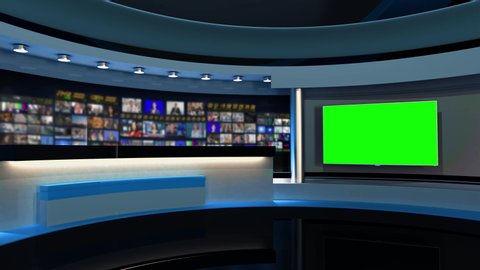 Tv Studio. Studio. News studio. Newsroom Background for News Broadcasts. Blurred of studio at TV station. News channel design. Control room. Green screen. 3D rendering