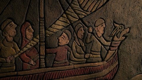 Vikings On Long Boat Ancient Wall Carving
