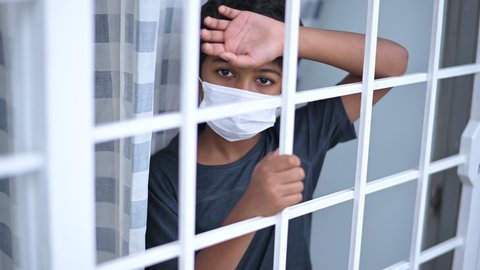 Stay at home .Coronavirus covid-19 infected.Asian Boy Wearing Masks to Prevent Disease and Dust, pm.5,Stay at home quarantine coronavirus pandemic prevention.