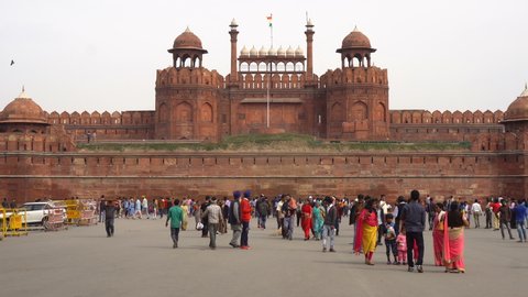Local Indian Tourists Visiting Iconic Red Fort in Delhi, India - March 2019