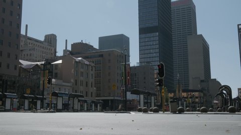 Johannesburg, South Africa - April, 5 2020: A wide shot of Gandhi Square. The transport hub is silent and empty as a result of the covid-19 coronavirus lockdown.