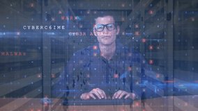 Animation of words Cybercrime, Virus Detected, Malware, Access Denied, a man hacking computer, data processing and digital information flowing through network of computer servers in a server room with - Powered by Shutterstock - Get 15% off with code: PIKWIZARD15