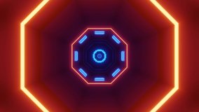 Motion graphics of hollow dark space emitting cyan and orange octagon shapes from center. VJ loops. Animation.