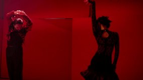 Beautiful couple dancing latin dance . Professional dancers dancing flamenco, rumba or salsa on red background. Pair in spanish dress performs dance movement. Shot ARRI ALEXA Cinema Camera .