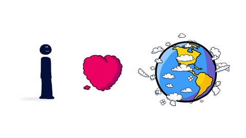 Earth day celebrating. I love earth. Globe, stickman and heart. Fully hand drawn, dynamic, cartoon with black outline on white background for any use. Seamless loop, alpha channel. 2 colours versions.