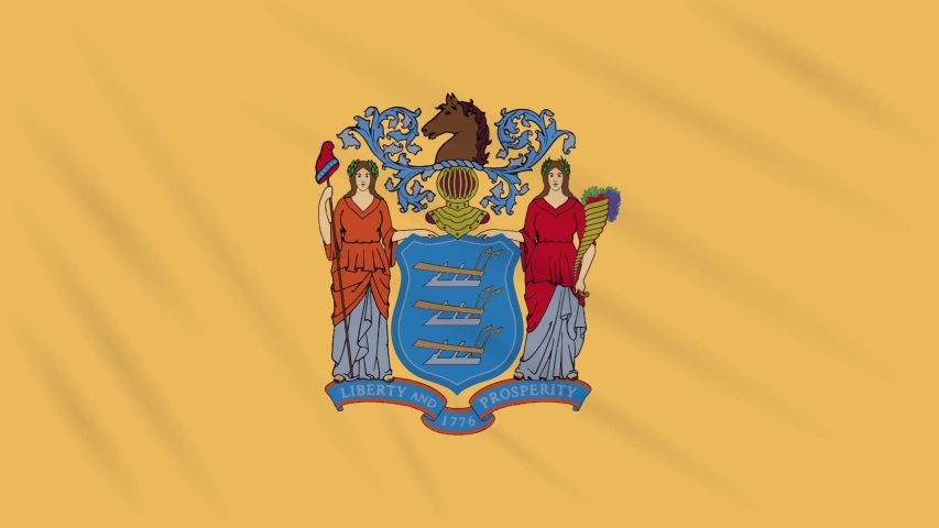New Jersey US state swaying flag with green stamp of freedom from coronavirus, loop