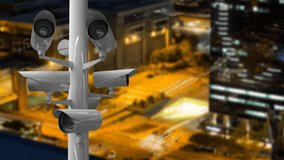 Animation of CCTV cameras moving around, online security padlock icon, data processing and digital information flowing through network of computer connections with cityscape in the background. Online - Powered by Shutterstock - Get 15% off with code: PIKWIZARD15