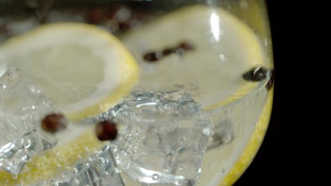 Rosemary falling into a fresh fruit cocktail close up in super slow motion