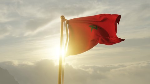 Flag of Morocco Waving in the wind, Sky and Sun Background, Slow Motion, Realistic Animation, 4K UHD 60 FPS Slow-Motion