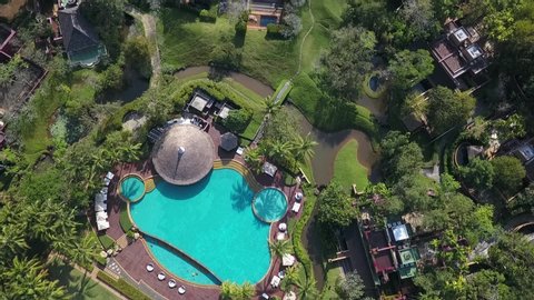 Krabi, Thailand - February 8 2018: Aerial view flying over Phulay Bay Hotel, a Ritz Carlton Reserve resort and its swimming pool