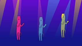 Colorful cats dance on a disco background with animated lights.
