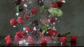 Frozen berries, ice and mint leaves falling in super slow motion. Shot with Phantom Flex 4K camera. - Powered by Shutterstock - Get 15% off with code: PIKWIZARD15