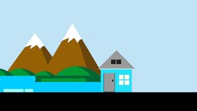 Vector animation of a mountain house with a beautiful morning theme with a blue background and this animated video suits you and your colleagues.