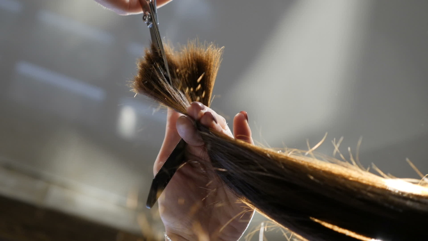Barber makes a stylish haircut with professional scissors in a beauty salon, close-up, slow motion | Shutterstock HD Video #1050500437
