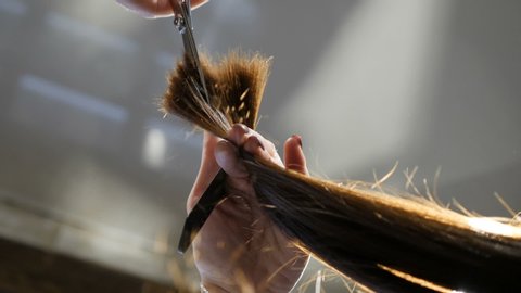 Barber makes a stylish haircut with professional scissors in a beauty salon, close-up, slow motion