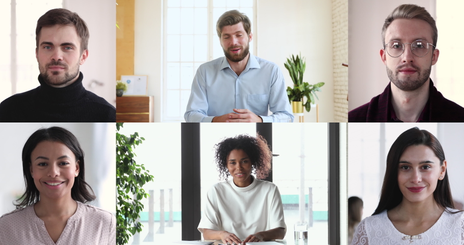 Diverse business people group video conferencing in collage virtual chat, having teamwork discussion, attending distance meeting or online business training. Multiethnic employees videocall concept. Royalty-Free Stock Footage #1050505948
