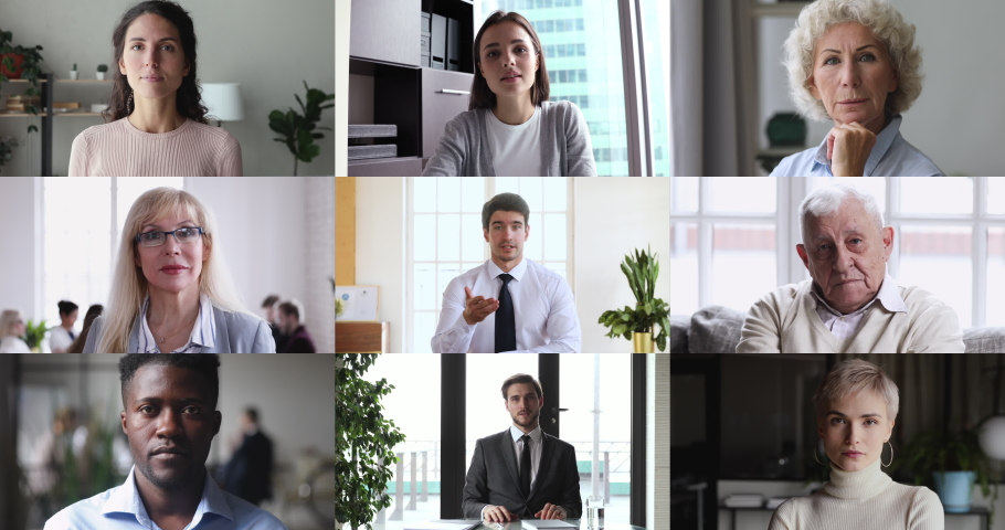 Collage screen view of many diverse people looking talking to webcam making video call. Group distance chat, remote elearning, virtual meeting, work from home office, online videoconferencing concept. Royalty-Free Stock Footage #1050505957
