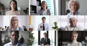 Collage screen view of many diverse people looking talking to webcam making video call. Group distance chat, remote elearning, virtual meeting, work from home office, online videoconferencing concept.