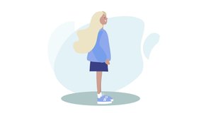 Flat cartoon colorful woman character animation. Beautiful girl walk cycle. Woman, girl is walking. Air blue and transparent background, alpha channel. 2d animation, video clip